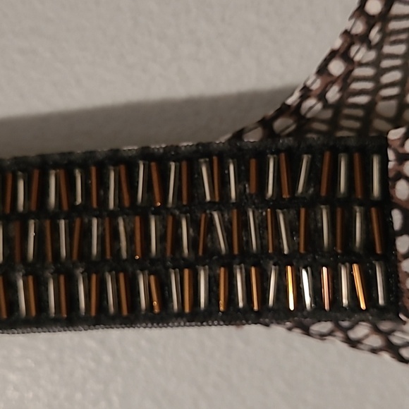 Women's Small Brown White Ruffle Trim Sleeveless Top Beaded Straps Flowy Casual - Picture 3 of 12